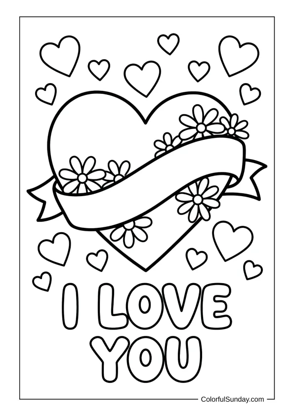 Decorative big heart with ribbon and flowers among little hearts in an I love you coloring page.
