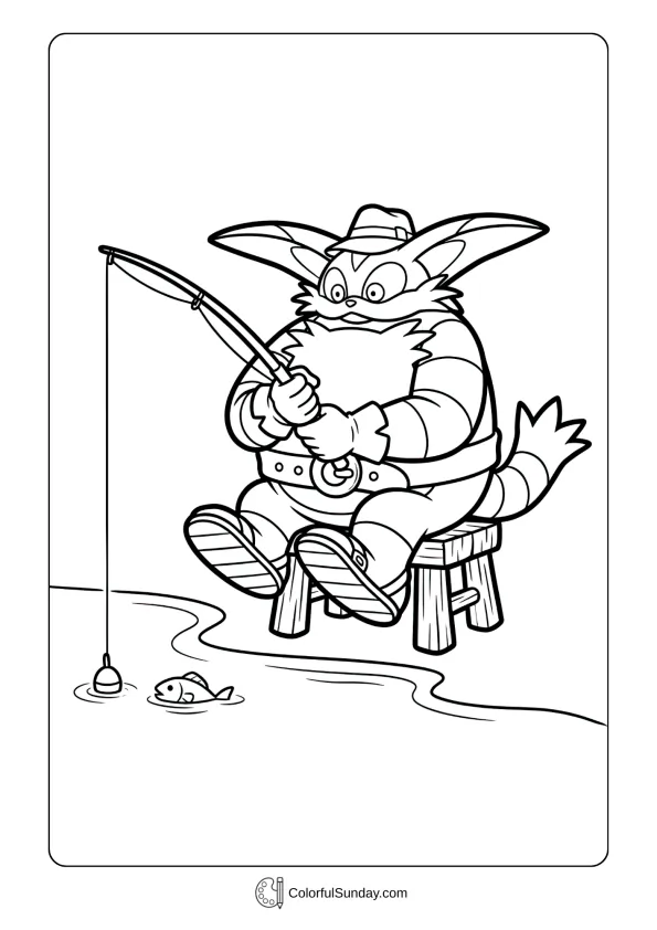Big the Cat coloring page showing Sonic character fishing by the water to color