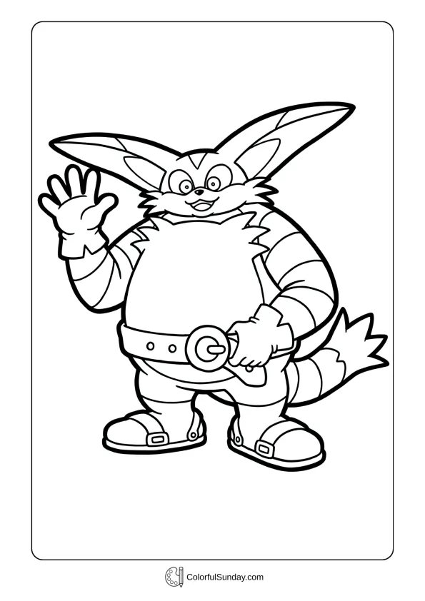 Big the Cat coloring page showing Sonic character waving with friendly smile to color