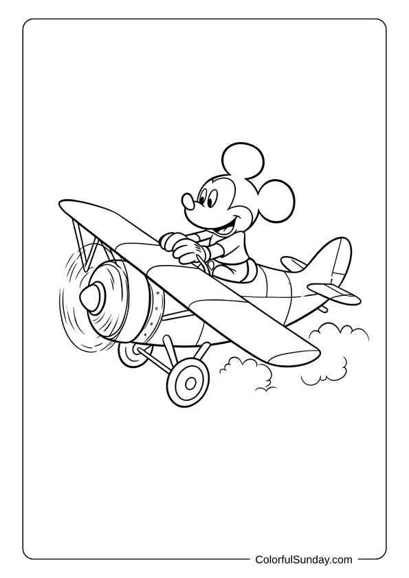 Mickey Mouse flying a small biplane high in the sky with clouds around him in this coloring page.