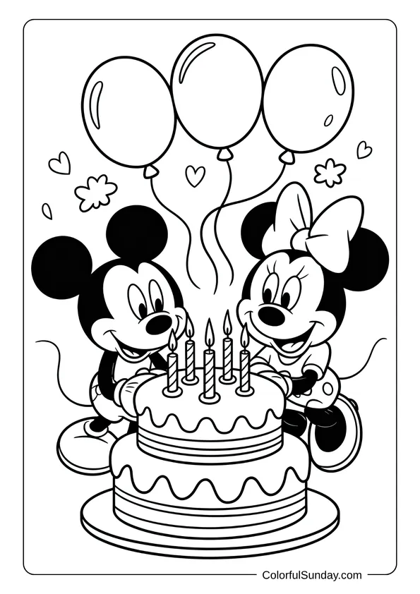 Pikachu From Pokemon Coloring Page Mickey Mouse and Minnie celebrating a birthday with balloons and a cake full of candles in this coloring page.