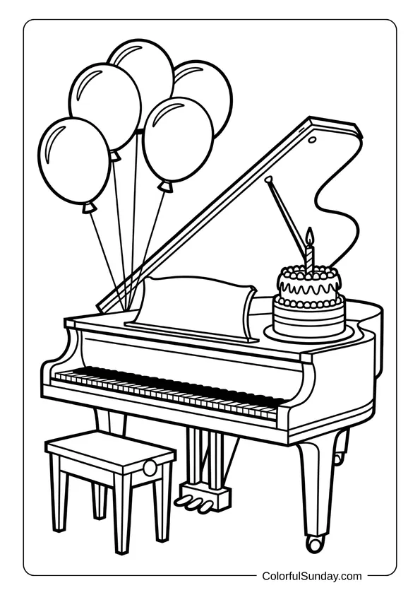 Pikachu From Pokemon Coloring Page Grand piano with balloons and birthday cake on top, shown in a festive coloring page.