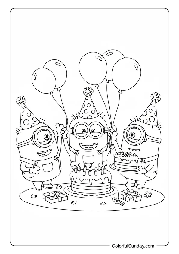Three cheerful Minions celebrating a birthday with balloons, gifts, and cake in a fun party coloring page.