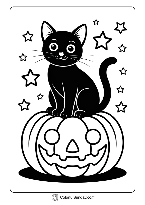 Pokemon Badges And Logo Coloring Page A black cat sitting on a carved pumpkin surrounded by stars in an October coloring page.