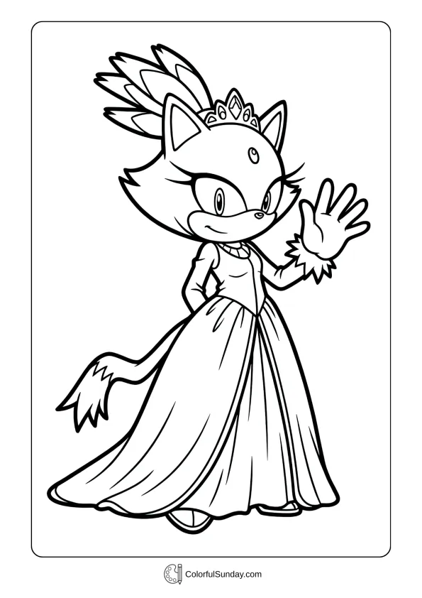 A coloring page of Blaze the Cat from Sonic in elegant gown coloring page