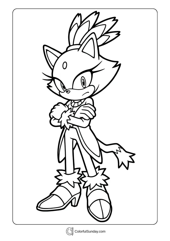 A coloring page of Sonic character Blaze the Cat standing confidently with arms crossed coloring page