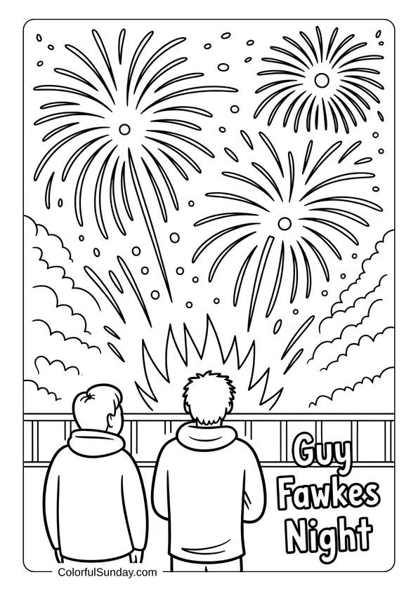 Coloring page showing two friends watching huge fireworks explode over a blazing bonfire on Guy Fawkes Night.
