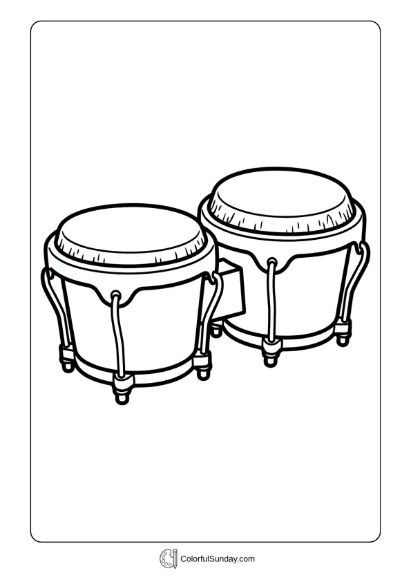 A coloring page showing connected bongo drums with tuning lugs and textured drumheads waiting for rhythmic beats