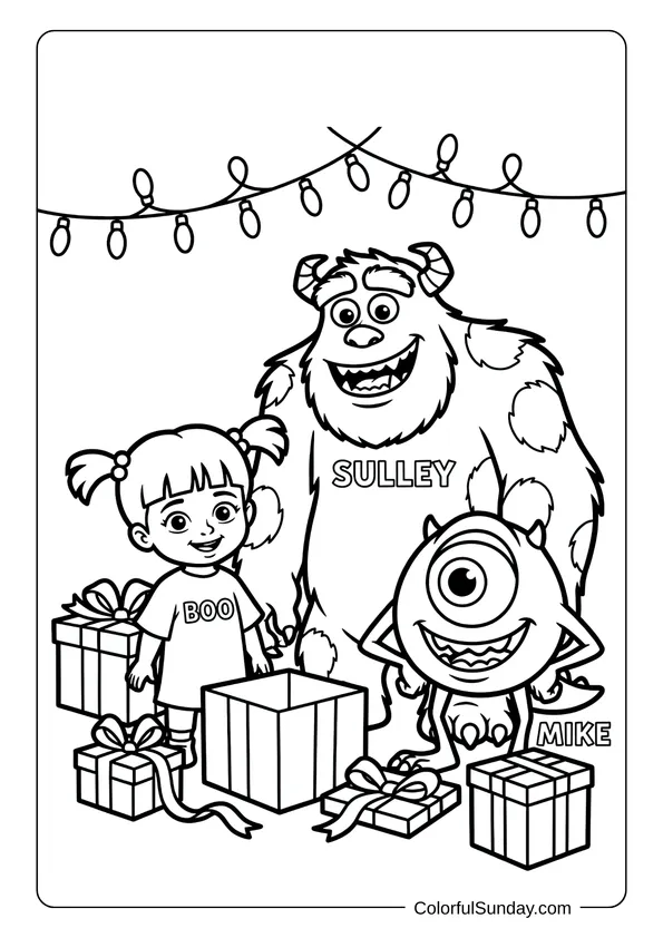 Coloring page showing Sulley, Boo, and Mike Wazowski celebrating Disney Christmas together with wrapped presents and festive lights.