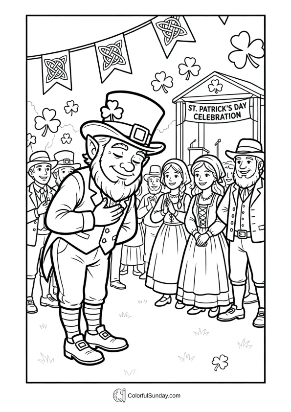 A gently bowing leprechaun shows charm during St. Patrick’s Day in this coloring page.