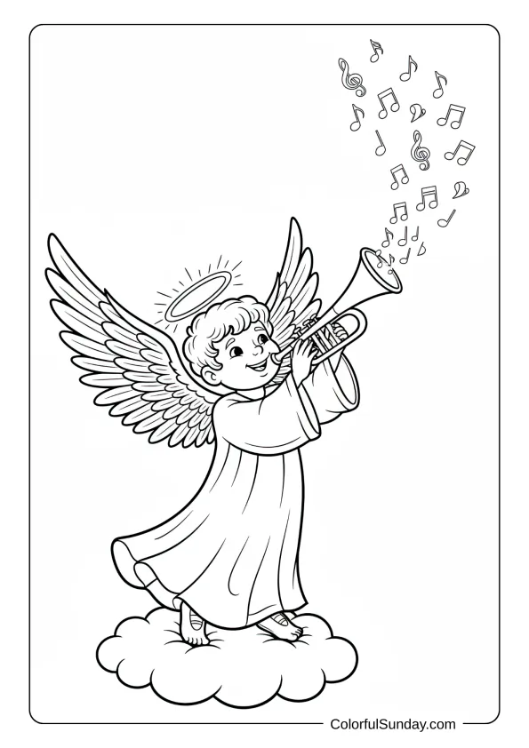 A coloring page of a boy angel blowing a trumpet with musical notes spiraling upward.
