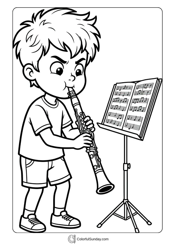 A coloring page of an enthusiastic young boy concentrating while playing clarinet with sheet music nearby