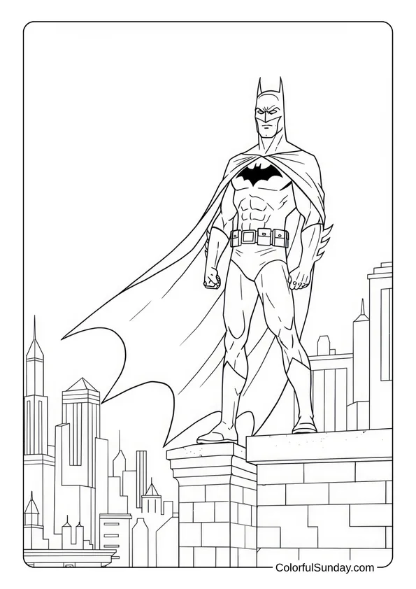 Brave Batman Superhero On The Rooftop Coloring Page Batman stands on a rooftop overlooking the city in a Batman coloring page.