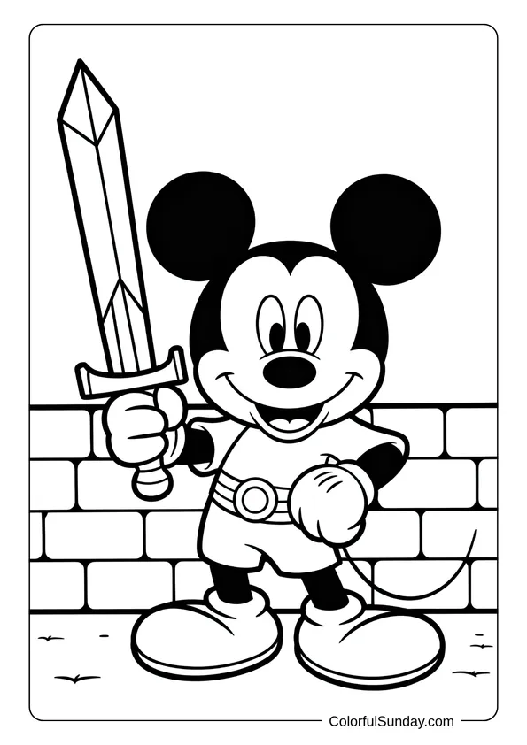 Pokemon Badges And Logo Coloring Page Mickey Mouse dressed as a brave knight proudly holds a sword in front of a castle wall in this coloring page.
