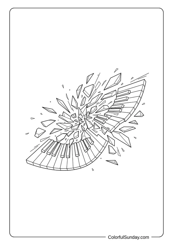 Pikachu From Pokemon Coloring Page Surreal shattered glass effect with exploding piano keys, created as a coloring page.