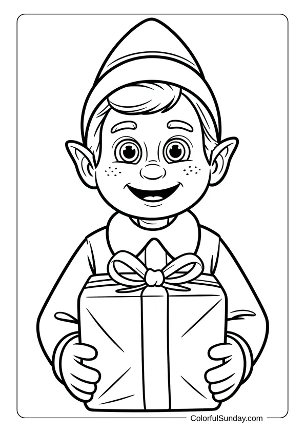 Buddy the Elf holding a present and smiling brightly, drawn in a cheerful Christmas coloring page.