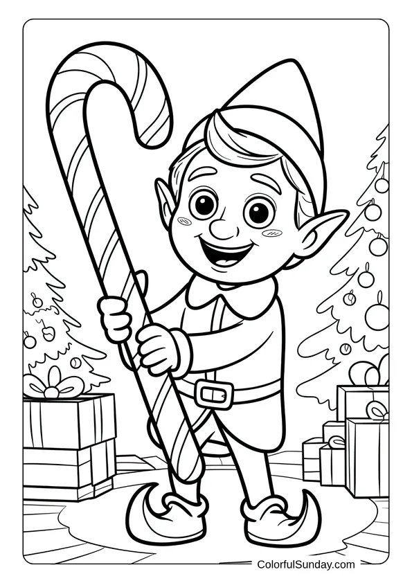 An excited Christmas elf holding a giant candy cane beside decorated trees, illustrated in a joyful coloring page.