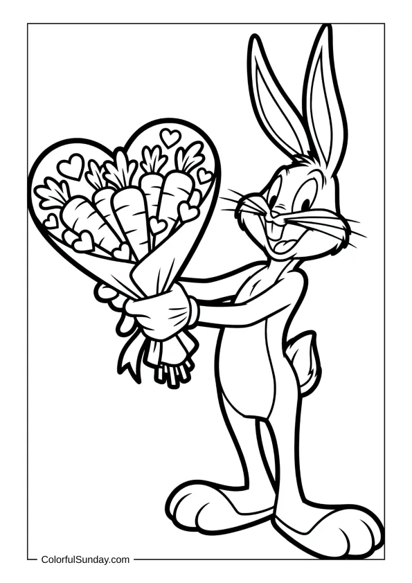 Bugs Bunny holding heart bouquet in a coloring page