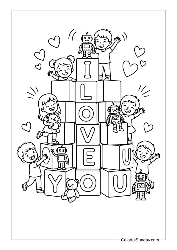 Kids and toys building blocks that spell I love you in a lively coloring page.