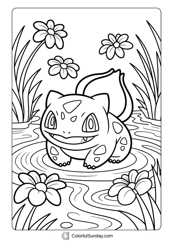 Pikachu From Pokemon Coloring Page Bulbasaur sitting by a river with flowers and tall grass is featured in this coloring page.