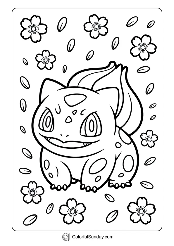 Pokemon Badges And Logo Coloring Page Bulbasaur is surrounded by cherry blossoms and petals drifting in the breeze in this Pokémon coloring page.