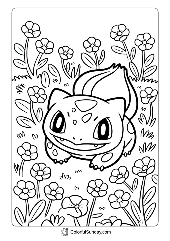 Pokemon Badges And Logo Coloring Page Bulbasaur smiles while surrounded by blooming buttercups, making a charming Pokémon coloring page.