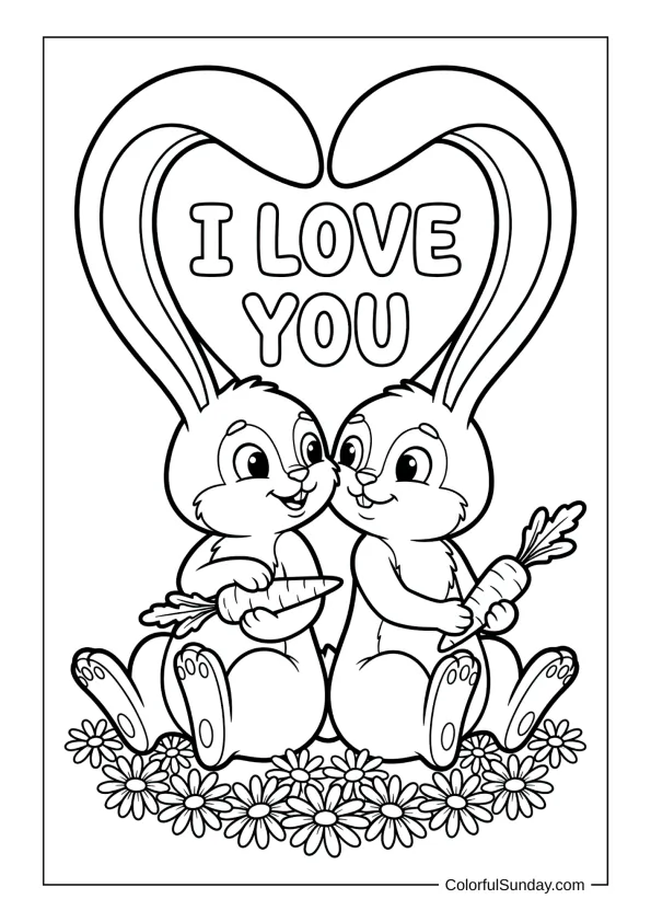 Bunny couple in a meadow sharing carrots and saying I love you in a cute coloring page.
