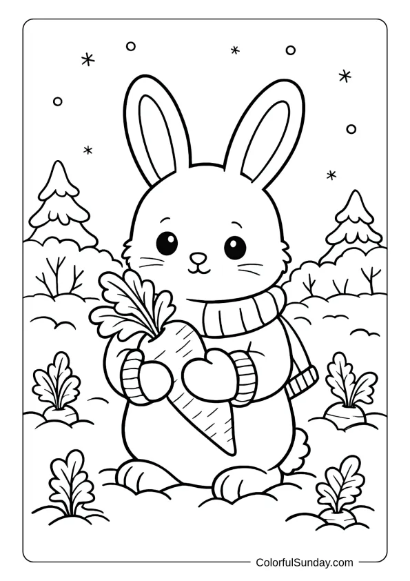 A coloring page of a bunny wearing mittens and holding a carrot.