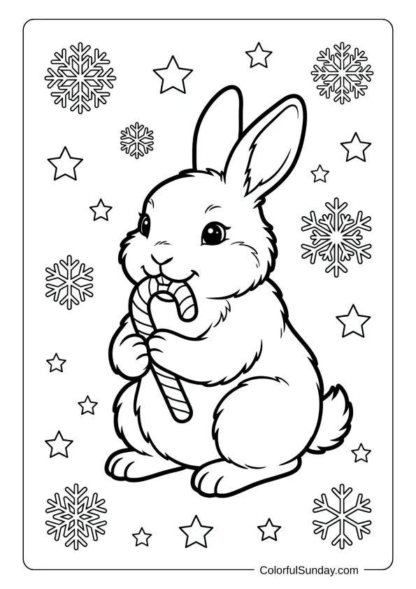 A fluffy bunny rabbit nibbling on candy cane coloring page surrounded by snowflakes and stars.
