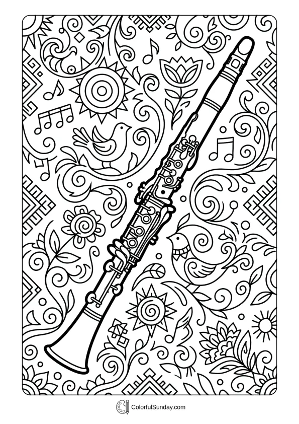 A C clarinet coloring page shown with traditional folk music symbols and decorative patterns