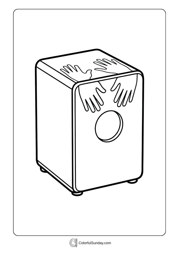 Wooden cajon drum with sound hole coloring page and player hand position indicated on surface