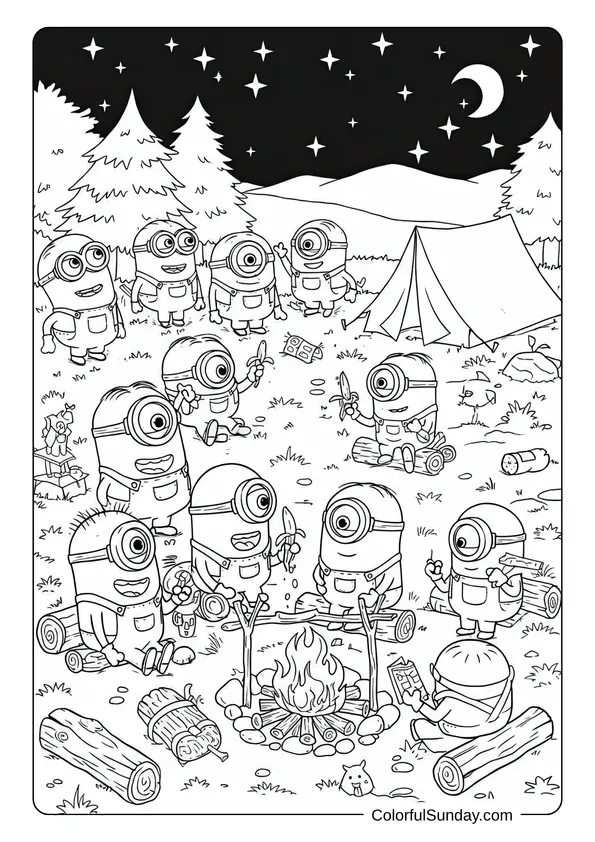 A group of Minions camping under the stars with a campfire and tents in this outdoor adventure coloring page.