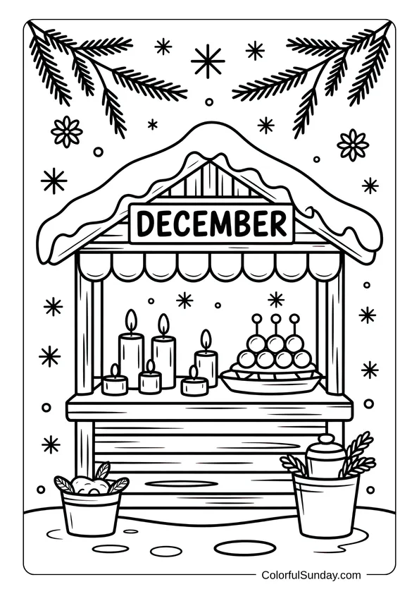 A cozy market stall with candles, sweets, and pine decorations, shown in a festive December coloring page.