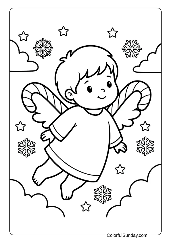 A sweet angel with candy cane wings coloring page floating among clouds, stars and snowflakes.