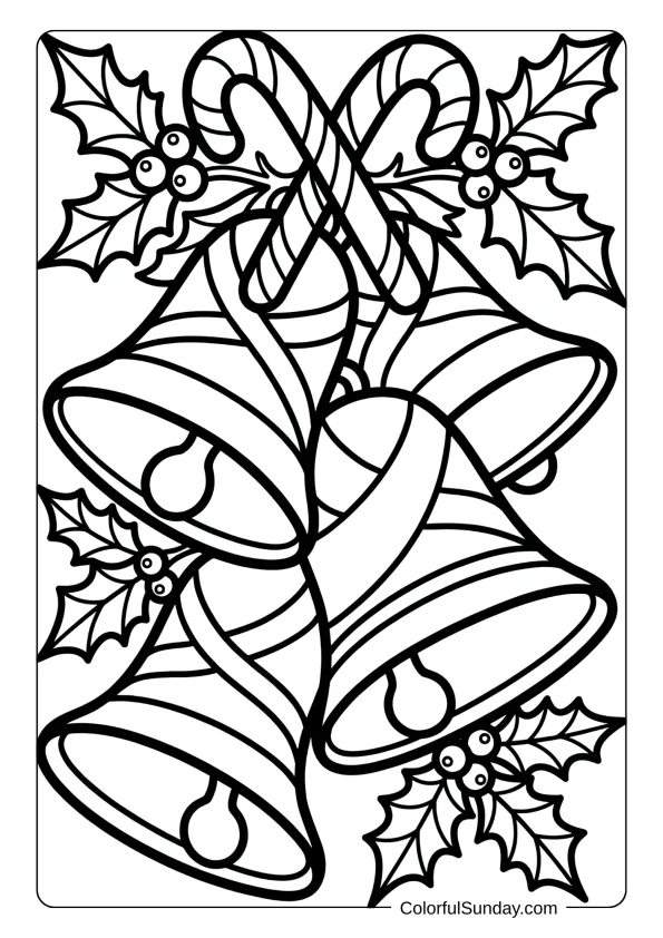 Christmas bells wrapped with candy canes, ribbons and festive holly decorating them beautifully coloring page.