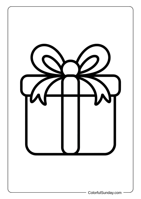A simple Christmas present with a flowing ribbon appears in a clean and bold coloring page.