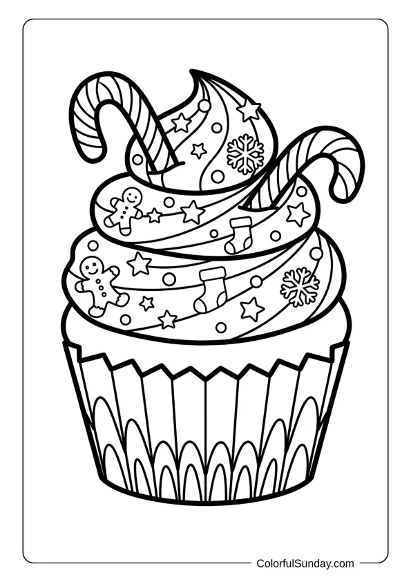 A delicious cupcake topped with frosting, candy canes, sprinkles and festive holiday decorations coloring page.