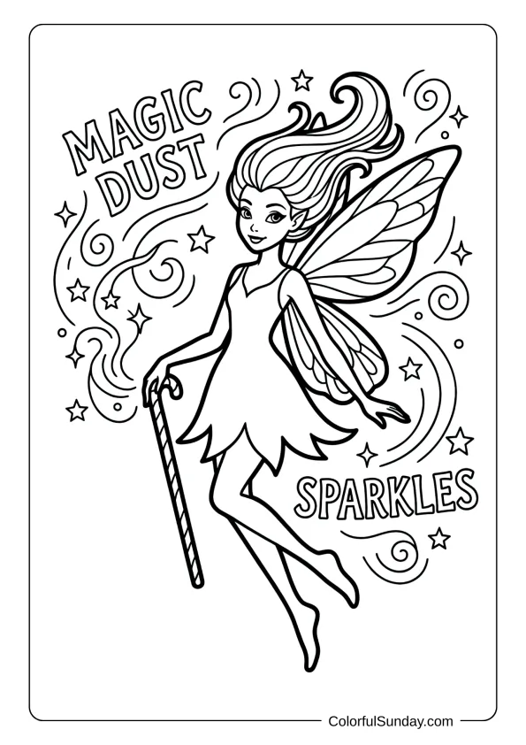 A delicate fairy with candy cane wand coloring page sprinkling magic dust and sparkles everywhere.