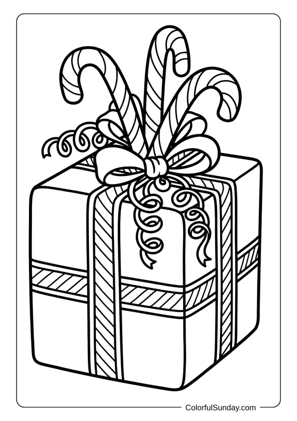 A large present wrapped beautifully with candy canes, ribbons and bows on top coloring page.