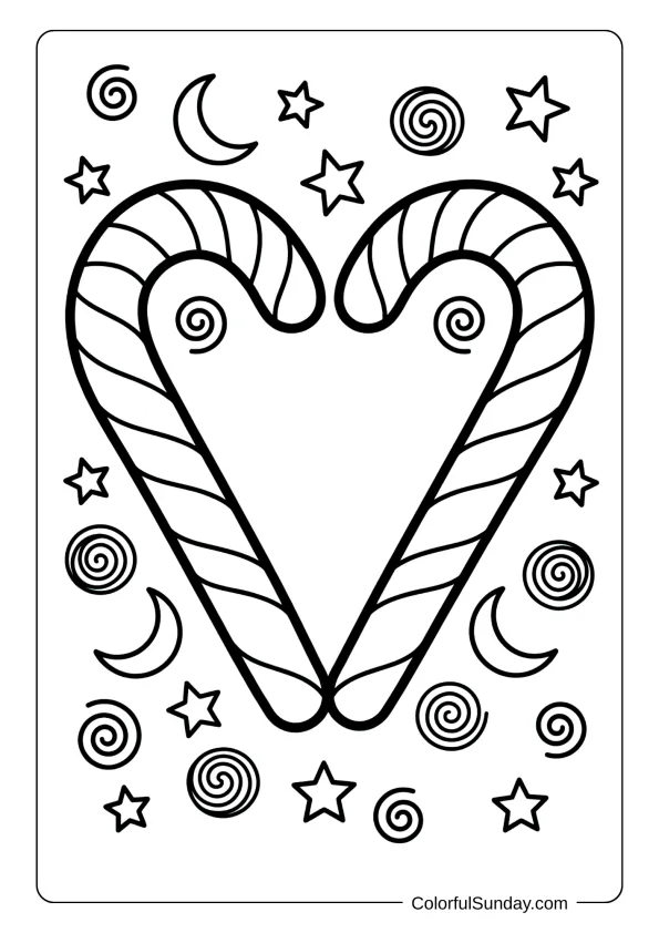 Two candy canes arranged in a heart shape coloring page surrounded by stars and swirls.