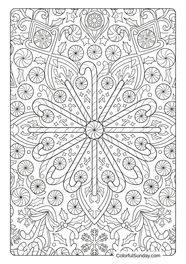 An intricate mandala design coloring page featuring candy canes, peppermints and geometric holiday patterns throughout.
