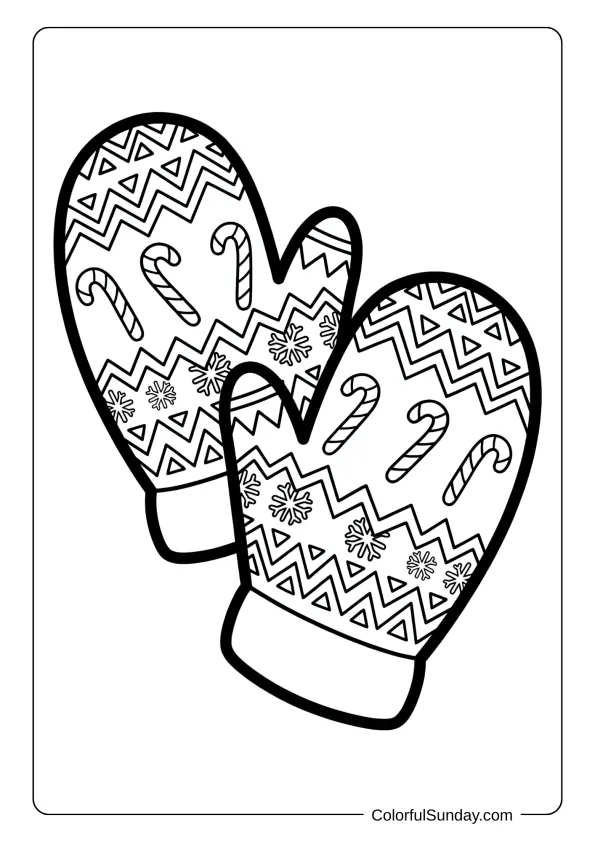A pair of cozy mittens coloring page decorated with candy canes, snowflakes and festive patterns.