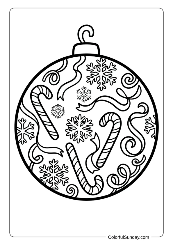 Giant ornament ball coloring page decorated with candy canes, snowflakes, ribbons and festive swirls inside.