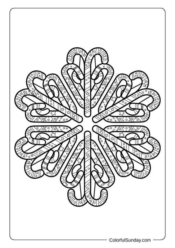An intricate snowflake design created from candy canes with detailed geometric holiday patterns coloring page.