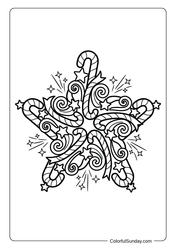 A large star made from candy canes with ribbons, swirls and magical sparkles coloring page.
