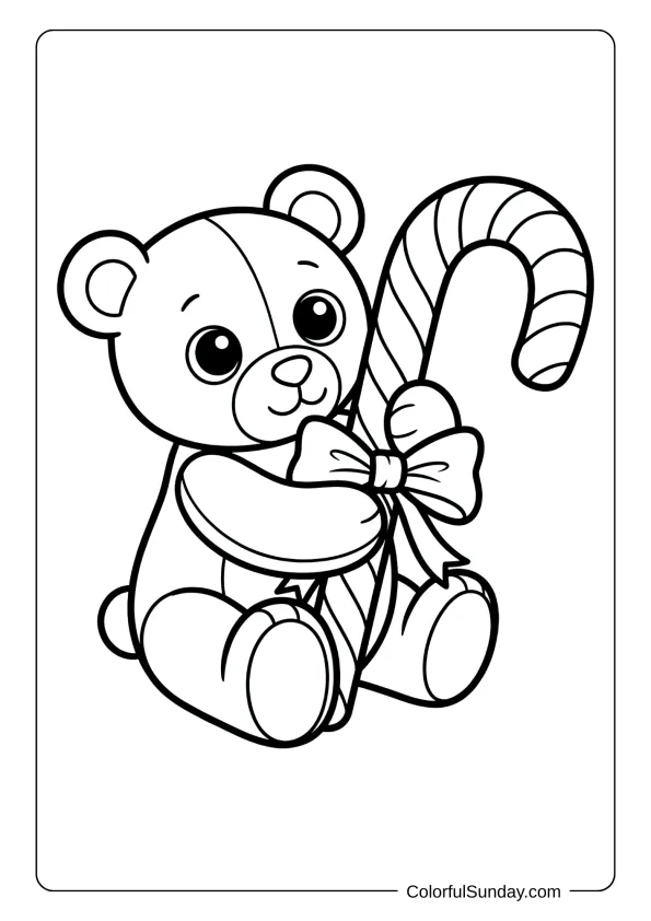 A cuddly teddy bear holding candy canes wrapped in festive ribbons and bows coloring page.