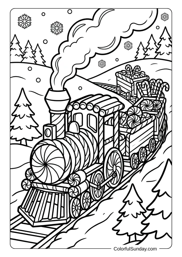A festive train made from candy canes and peppermints chugging through snowy winter landscape coloring page.