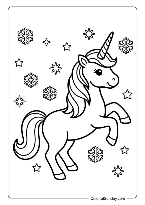 A magical unicorn with a candy cane horn prancing through snowflakes coloring page with stars.