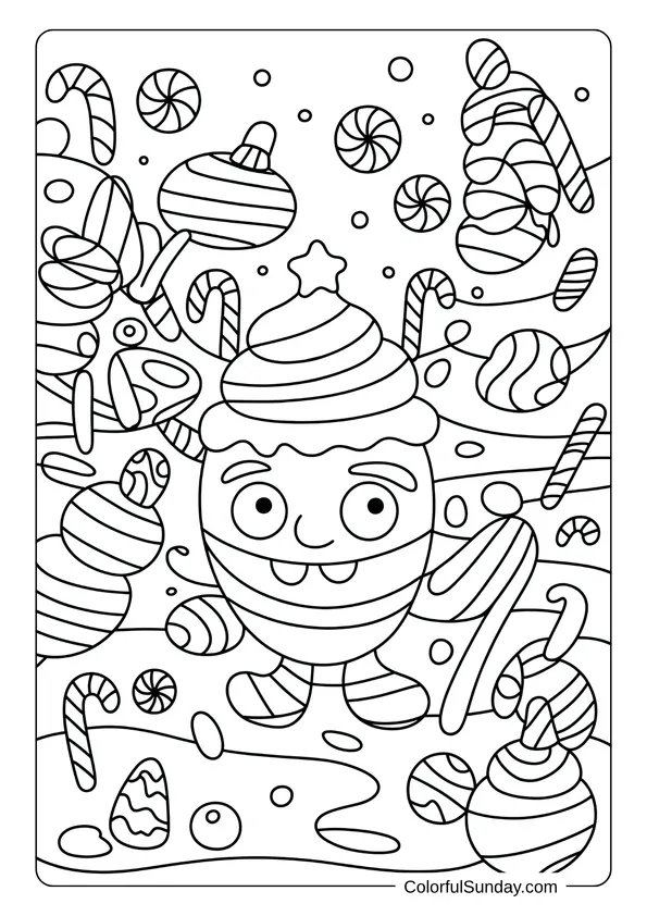 Candy Cane Wonderland full of striped sweets and ornaments swirling around in a playful Christmas coloring page.