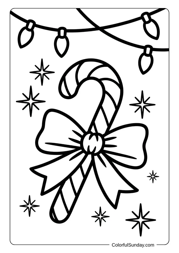 Striped candy cane decorated with a big bow and shining stars around it in a holiday coloring page.